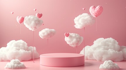 Podium with hearts and clouds flying in the air. Valentine's day, wedding, mother's day, free space for text 