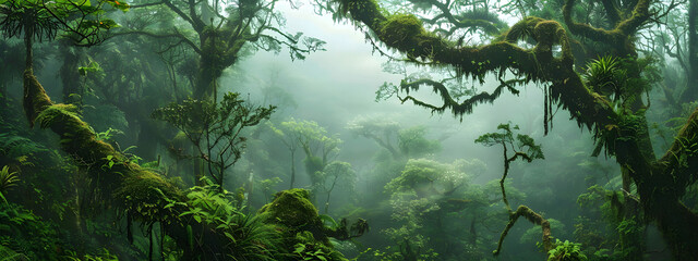 Fototapeta premium Panoramic view of misty rainforest trees with fog and rays, showcasing the natural beauty of a lush tropical rainforest canopy. Drone view with copy space.