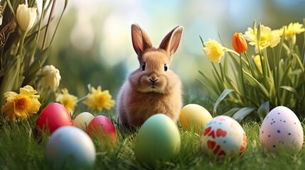 Colorful easter eggs and rabbit on green grass - generative ai