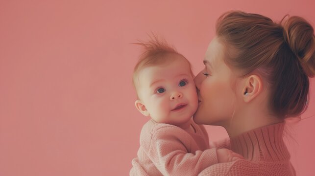 Portrait of a mother and child on pink background. Mom and baby embrace. Mother's Day. Loving parent face lights up with a warm smile and looking affectionately at her child 