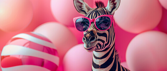 A quirky zebra wearing stylish pink sunglasses before a playful pink bubble textured background, exuding fun and whimsy