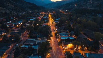 a drone's view of a peaceful mountain town at dusk, showcasing the serene ambiance created by gentle lighting and tranquil streets, exuding a charming and soothing atmosphere.