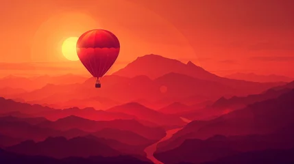 Fototapeten Red Hot Air Balloon Flying over a Mountain Beautiful Landscape Background. Ideal for Valentine's Day, Mother's Day, Gift Card, Invitation Card, Celebration, Banner, Poster Design © midart