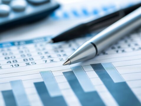 Close-up of a pen on financial charts and graphs, symbolizing data analysis and business accounting.