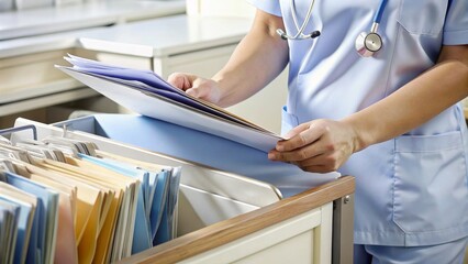 Female doctor or nurse holding folder with documents in hospital or medical clinic