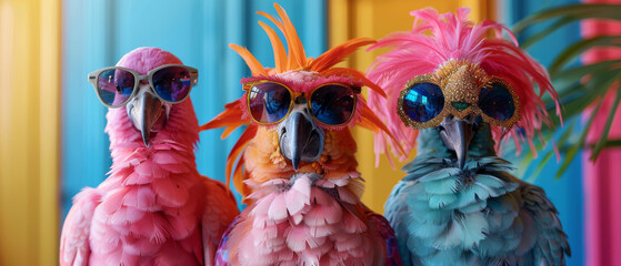 A whimsical photo of three parrot birds donning sunglasses and colorful feathers, resembling a fashion show