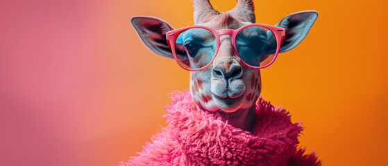 Giraffe wearing pink sunglasses and a feather boa presenting a quirky, stylish portrait with a blue background