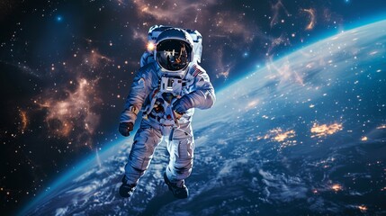 Astronaut spaceman do spacewalk while working for space station in outer space . Astronaut wear full spacesuit for space operation . Elements of this image furnished by NASA space astronaut photos. - Powered by Adobe