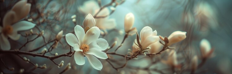 close up of a beautiful branch of blooming magnolias early in the morning - obrazy, fototapety, plakaty