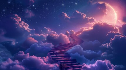 Stairway Curving Through Clouds Into The Light Of Heaven With Dreamy Night Sky. - obrazy, fototapety, plakaty