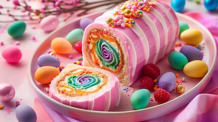 a fantastic sponge roll, filled with rainbow-colored cream, decorated with a pink, raspberry-flavored fondant coating, some easter decoration - obrazy, fototapety, plakaty