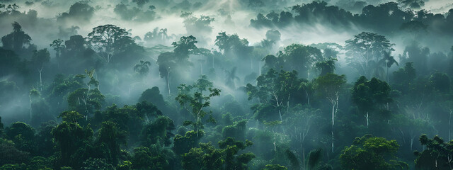 Panoramic view of misty rainforest trees with fog and rays, showcasing the natural beauty of a lush tropical rainforest canopy. Drone view with copy space. - obrazy, fototapety, plakaty