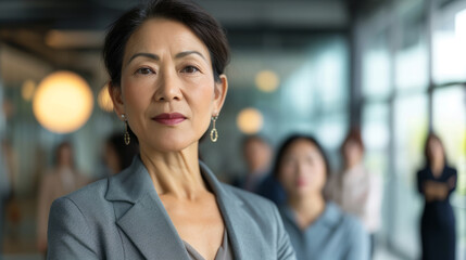 A woman in a gray suit stands in front of a group of people. She is wearing earrings and a red lipstick. Scene is professional and confident