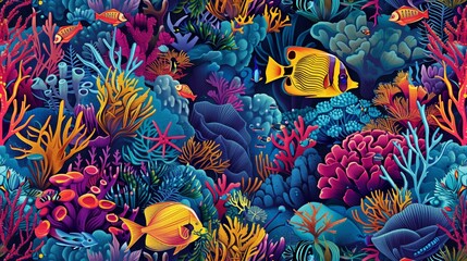 Fototapeta na wymiar Seamless pattern of sea plants and fish, bright and rich color.