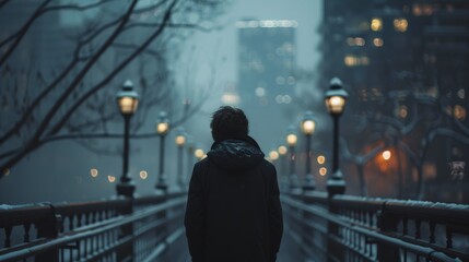 Back of cinematic young man in winter coat walking outside in urban city on bridge on a moody,...
