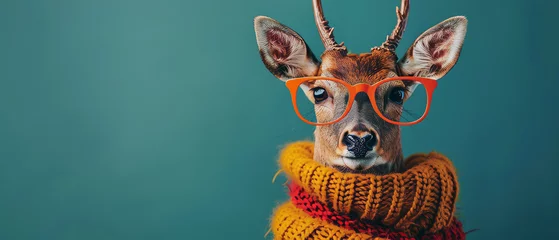 Tuinposter This image features a deer with human characteristics donning a knitted scarf and trendy glasses against a teal background © Daniel