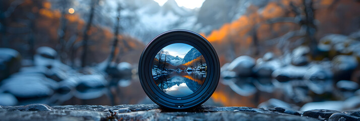 A camera lens becomes a portal allowing viewers,
Looking at view through camera lens outdoors
