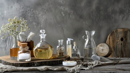 Skin care oil, natural cosmetics, spa treatments on a gray background