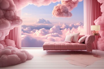 Ethereal Pink clouds room. White sweet candy. Generate Ai