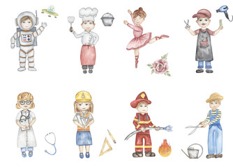 Kids Characters Collection: Set of different professions in cartoon style, Abc illustration, watercolor children educational: photographer, road worker, queen, tailor, scientist, vet, urologist