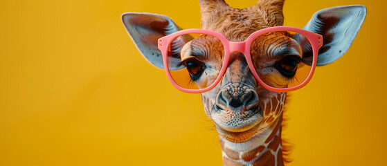 Close-up of a giraffe sporting large, stylish pink sunglasses on a vibrant yellow background