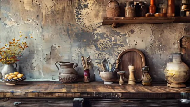 Rustic kitchen interior with vintage utensils and flowers. Toned image
