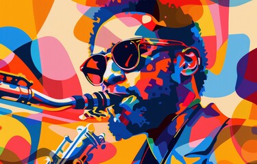 Jazz Saxophonist in Pop Art Style - Colorful Musician Portrait with Abstract Shapes