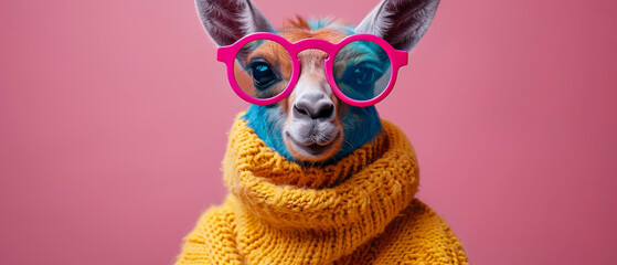 A quirky snapshot of a llama wearing a bright yellow knitted sweater, exuding a sense of warmth and comfort - obrazy, fototapety, plakaty
