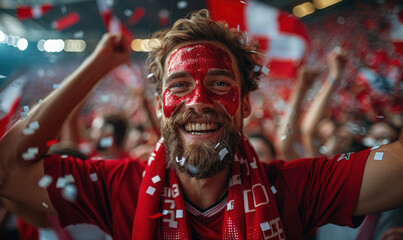 Vibrant Portrait of a Joyful male Denmark Supporter with a Denmark Flag Painted on His Face, Celebrating at UEFA EURO 2024 - obrazy, fototapety, plakaty