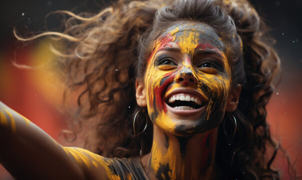Portrait of a passionate female Belgium fan celebrating at a UEFA EURO 2024 football match, her face painted with the colors and patterns of the Belgium flag, radiating enthusiasm and national pride