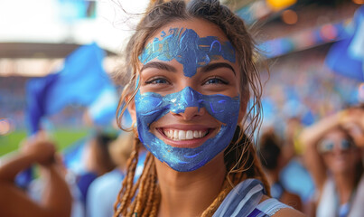 Vibrant Portrait of a Joyful Female Scotland Supporter with a Scottish Flag Painted on Her Face,...
