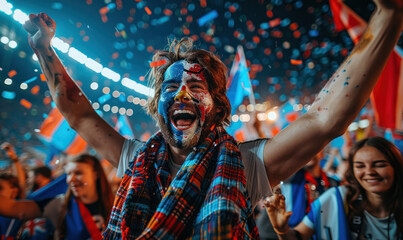 Vibrant Portrait of a Joyful male Scotland Supporter with a Scottish Flag Painted on His Face,...
