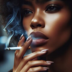 Obraz premium Close-up of a beautiful woman smoking a cigarette
