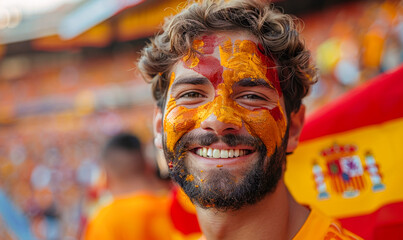 Naklejka premium Portrait of a passionate male Spanish fan celebrating at a UEFA EURO 2024 football match, his face painted with the colors and patterns of the Spanish flag, radiating enthusiasm and national pride