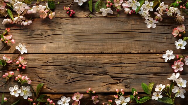 Spring flower frame or floral border rustic wooden background with empty space wedding invitation cards, or mother day concept --ar 16:9 Job ID: 481a4a6a-93b4-4112-bc44-82089b0778a4