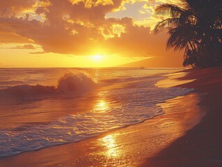 Sunset Serenity by the Shore - Golden Glow and Gentle Waves - Silhouetted Palms - Capture the tranquil beauty of a beach sunset with golden hues painting the sky, tranquil waves kissing the shore