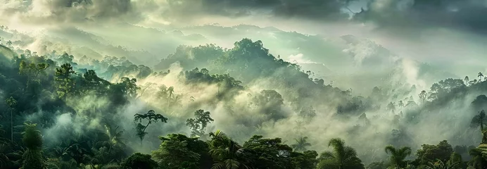 Rollo Panoramic view of misty rainforest trees with fog and rays, showcasing the natural beauty of a lush tropical rainforest canopy. Drone view with copy space. © jex