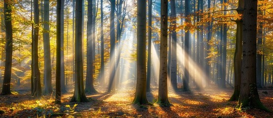 In the autumn forest, sunlight shines through tall trees and forms rays of light on the ground.