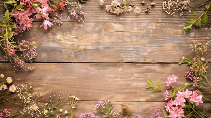 Spring flower frame or floral border rustic wooden background with empty space wedding invitation cards, or mother day concept --ar 16:9 Job ID: 130e4eb8-f6f1-4533-809a-8c9e61bafa40