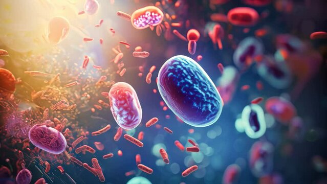 Group of Red and White Blood Cells in Human Body Circulatory System, Probiotics bacteria biology science microscopic medicine digestion stomach escherichia coli treatment health care, AI Generated