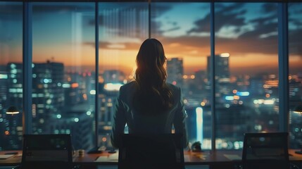 Businesswoman in office with computer monitors and city view. A businesswoman's view of the city.