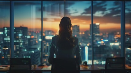 Businesswoman in office with computer monitors and city view. A businesswoman's view of the city.