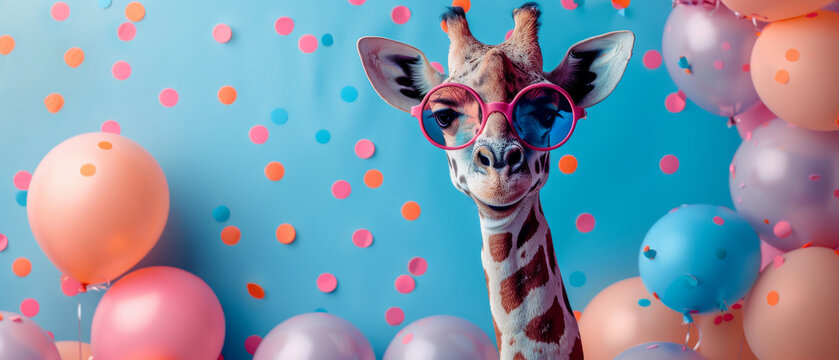 Celebratory giraffe with pink heart-shaped glasses surrounded by colorful balloons and confetti on blue