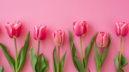 Spring tulip flowers on pink background top view in flat lay style. Greeting for Womens or Mothers Day or Spring Sale Banner