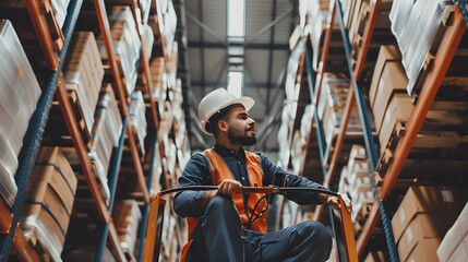 Fototapeta na wymiar Side view of young male warehouse worker in uniform working with forklift in warehouse. Industrial and industrial workers concept