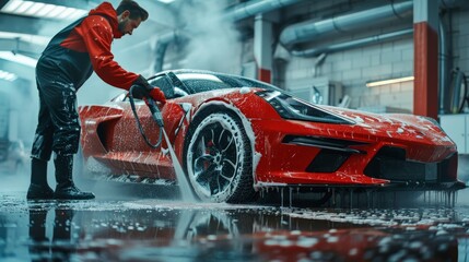 Car Wash Specialist Using Pressure Washer to Rinse a Red Modern Sportscar. Adult Man Washing Away Dirt, Preparing a Tuned Car for Detailing. Creative Cinematic Photo in Studio - obrazy, fototapety, plakaty