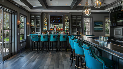 Luxurious bar interior with bar counter and emerald blue chairs, - obrazy, fototapety, plakaty