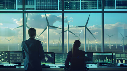 Rear view of engineer looking at computer monitor with wind turbine in the background