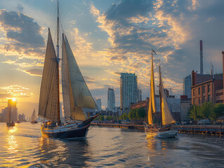 Urban Waterfront Bustle: Busy Ports and Promenades - Sailing Boats Gliding - Cityscape Reflections - Immerse yourself in the vibrant energy of an urban waterfront, with bustling ports - obrazy, fototapety, plakaty