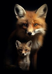 A mother fox and small cub portrait, against a dark background

